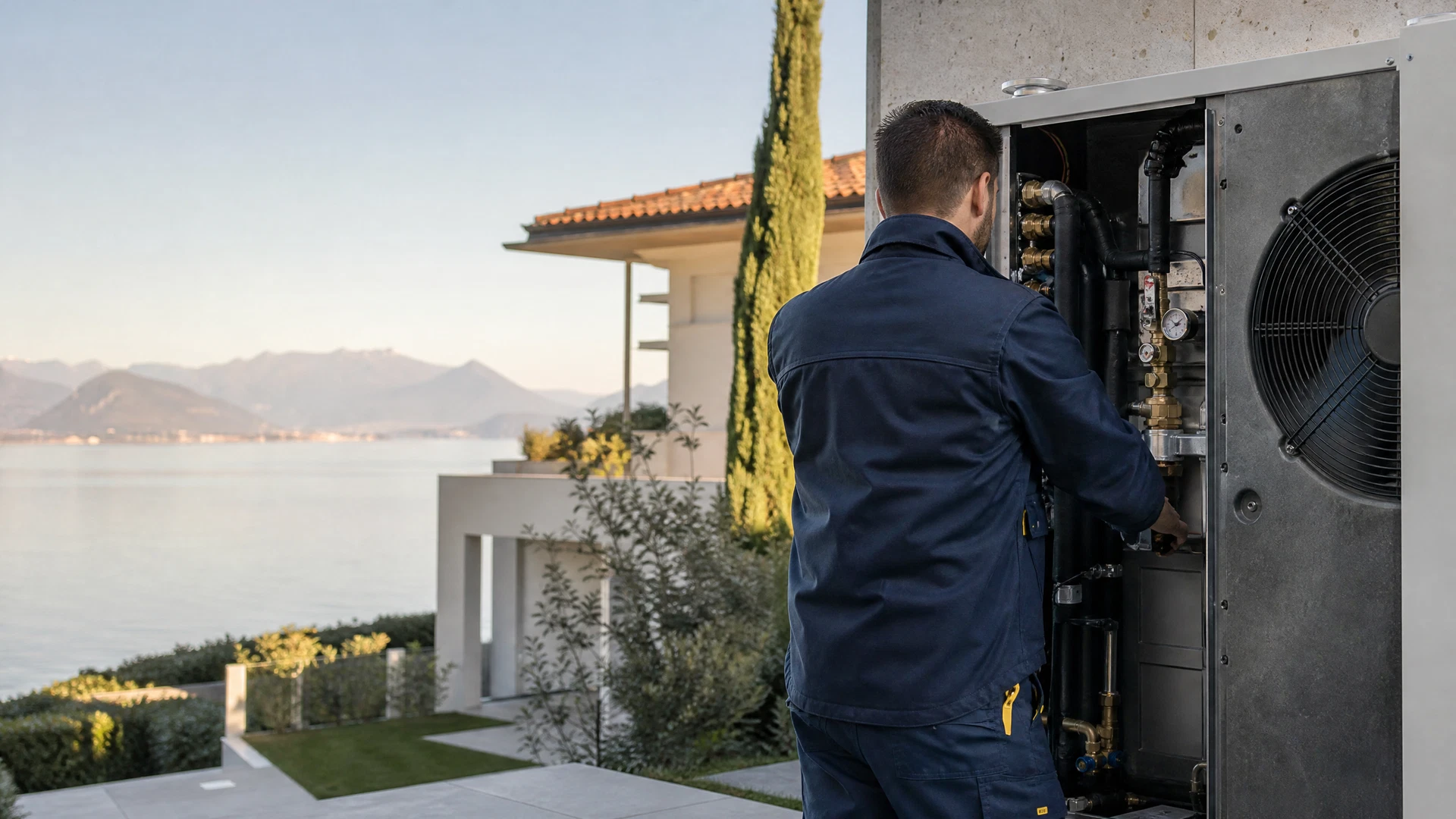 Tecnico specializzato al lavoro su un impianto di climatizzazione e riscaldamento