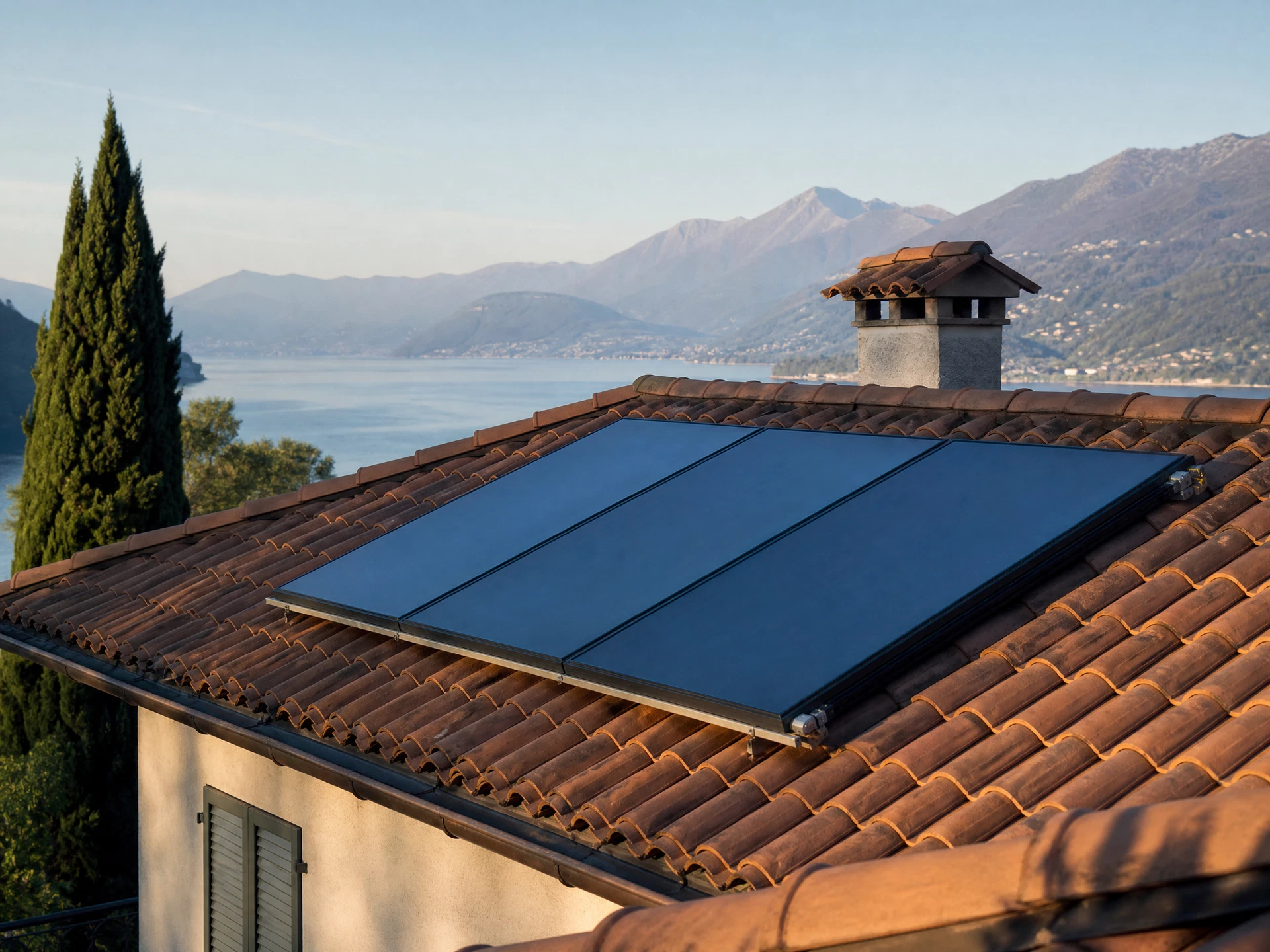 Collettori solari termici installati sul tetto di una casa italiana