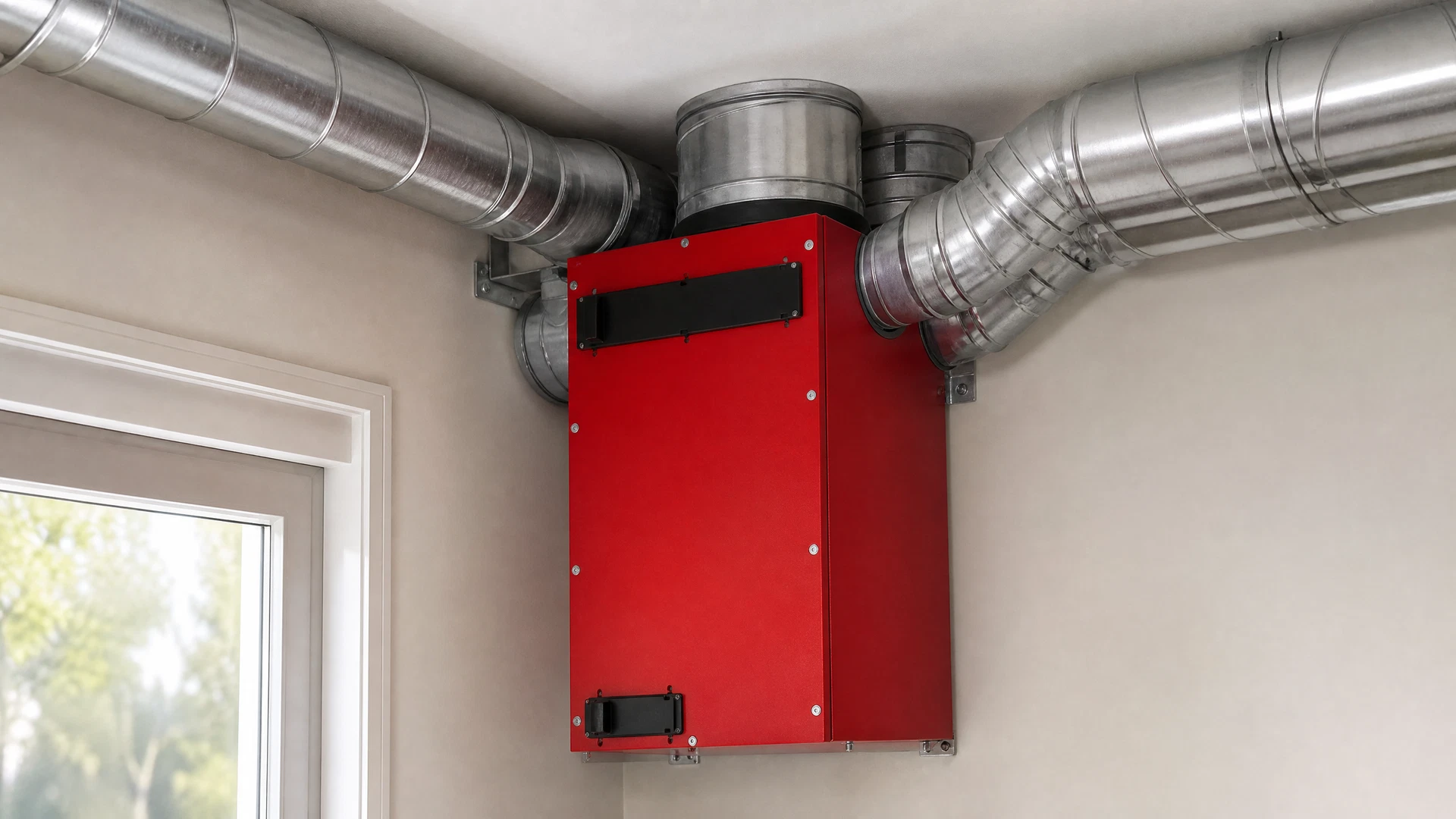 Unità VMC rossa Hoval installata vicino al soffitto in una casa, collegata a condotti argentati
